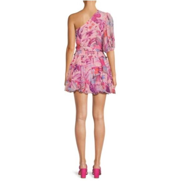 Rococo Sand Zazu One Shoulder Short Dress Smocked Waist Pink Purple Tropical XS - Picture 5 of 16